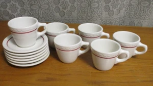 Set Of 6 -Vtg Syracuse China White w Red Stripe Cups and Saucers Restaurant Ware - Picture 1 of 10
