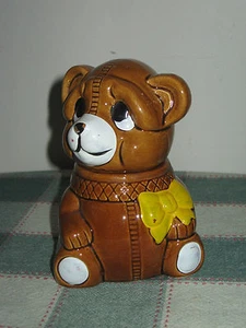Oso de miel vintage de cerámica Houston Foods con arco amarillo Taiwán R.O.C. 1982 - Imagen 1 de 12