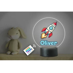Personalised Kids Name Rocket Ship LED Neon Night Light. Nursery Bedroom Remote - Picture 1 of 4