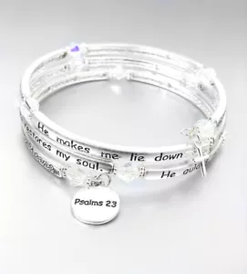 Inspirational Silver Twist Wrap PSALMS 23 Scripture Crystals Charms Bracelet - Picture 1 of 4