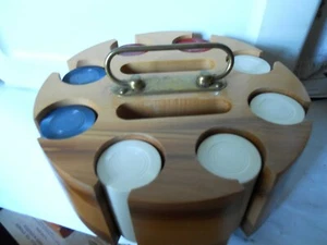 WOOD POKER CHIP CADDY w/ COVER Lazy Susan Rotating CHIPS Vintage - Imagen 1 de 3