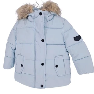 Sam Edelman Girls Blue Puffer Coat Faux Fur Hooded Full Zip Jacket 2T NWT - Picture 1 of 11
