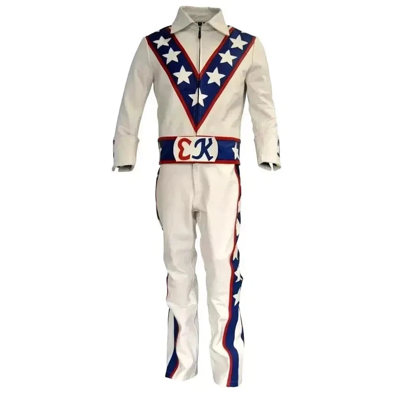 Disfraz de Halloween Evel Knievel Daredevil Stuntman Moto Cuero Genuino Traje Foto 1 de 4