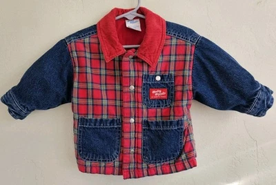Vtg Baby B'gosh Plaid Denim Barn Chore Jacket Quilted 12 Months Corduroy Collar - Image 1 of 4