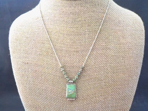 Inlay Green Turquoise Pendant Sterling Silver Necklace Signed QQ Bead - Picture 1 of 19