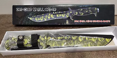 13" Bowie Hunting Knife Full-Tang Fixed Blade SKULL Black Handle Knife w/ Sheath - Image 1 of 4