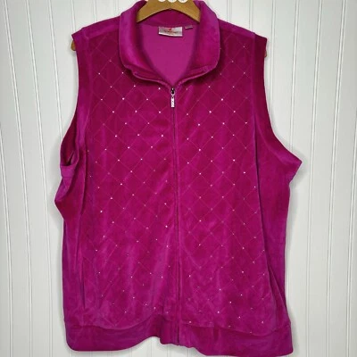 Quacker Factory Vest Womens XXL Rhinestudded Full Zip Hot Pink Velour Velvet - Image 1 of 4