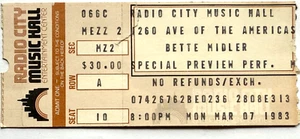 VINTAGE MARCH 7, 1983 BETTE MIDLER PREVIEW CONCERT TICKET STUB RADIO CITY N.Y.C. - Picture 1 of 2