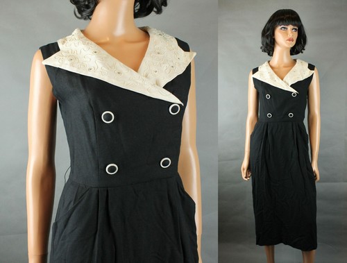 OFF WHITE Abito da cocktail vintage anni '40 taglia S nero scuro lana bianca senza maniche strass