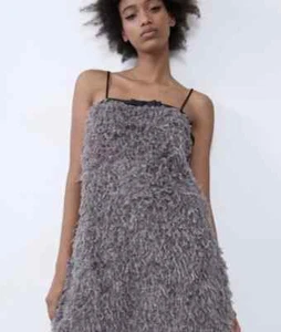 Mini Vestido Zara Reino Unido Pequeño Gris Lila Peludo Esponjoso Flecos Festival Rave Bow - Imagen 1 de 9