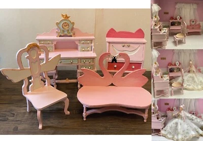 Handmade 1:6 miniature dollhouse wood desk chair bench chest doll furniture - Image 1 of 4