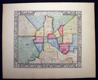 1864 Mapa Plano da Cidade de Baltimore Antigo Original Colorido à Mão Mitchell - Imagem 1 de 4