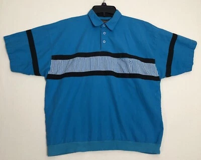 Vintage Members Only Men's Polo Blue M Black Stripe 1/4 Button Up 1 Pocket Stain - Image 1 of 4