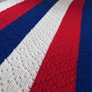 Handmade Crochet Blanket Red White Blue 112x52” - Picture 1 of 14