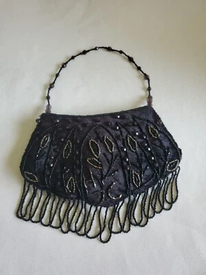 Bolso de mano pequeño para mujer con lentejuelas y cuentas negro sobre el hombro terciopelo cartera flecos Foto 1 de 4