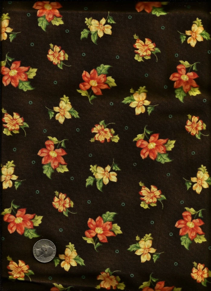 "In Full Bloom" Print peach green gold on brown Fabric by Jill Kemp -Red Rooster - Изображение 1 из 1