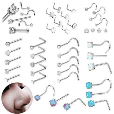 Stainless Steel Nose Rings Set Bone Stud Tragus Cartilage Hoop Body Piercing 20G - Image 1 of 4