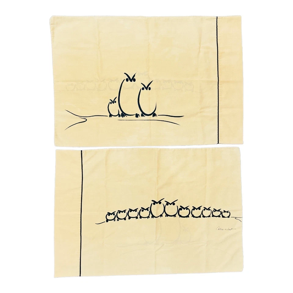 Vintage OWL OWLS WHOO? Alex West Black Tan Pair Pillow Cases - Image 1 of 4