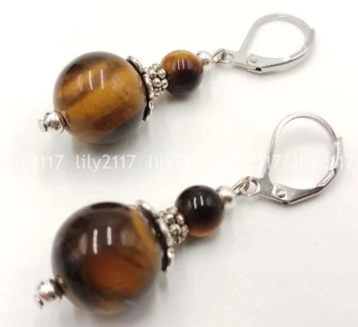 Hermosos pendientes naturales de cuentas de piedras preciosas redondas ojo de tigre amarillo de 6-12 mm AAA Foto 1 de 3