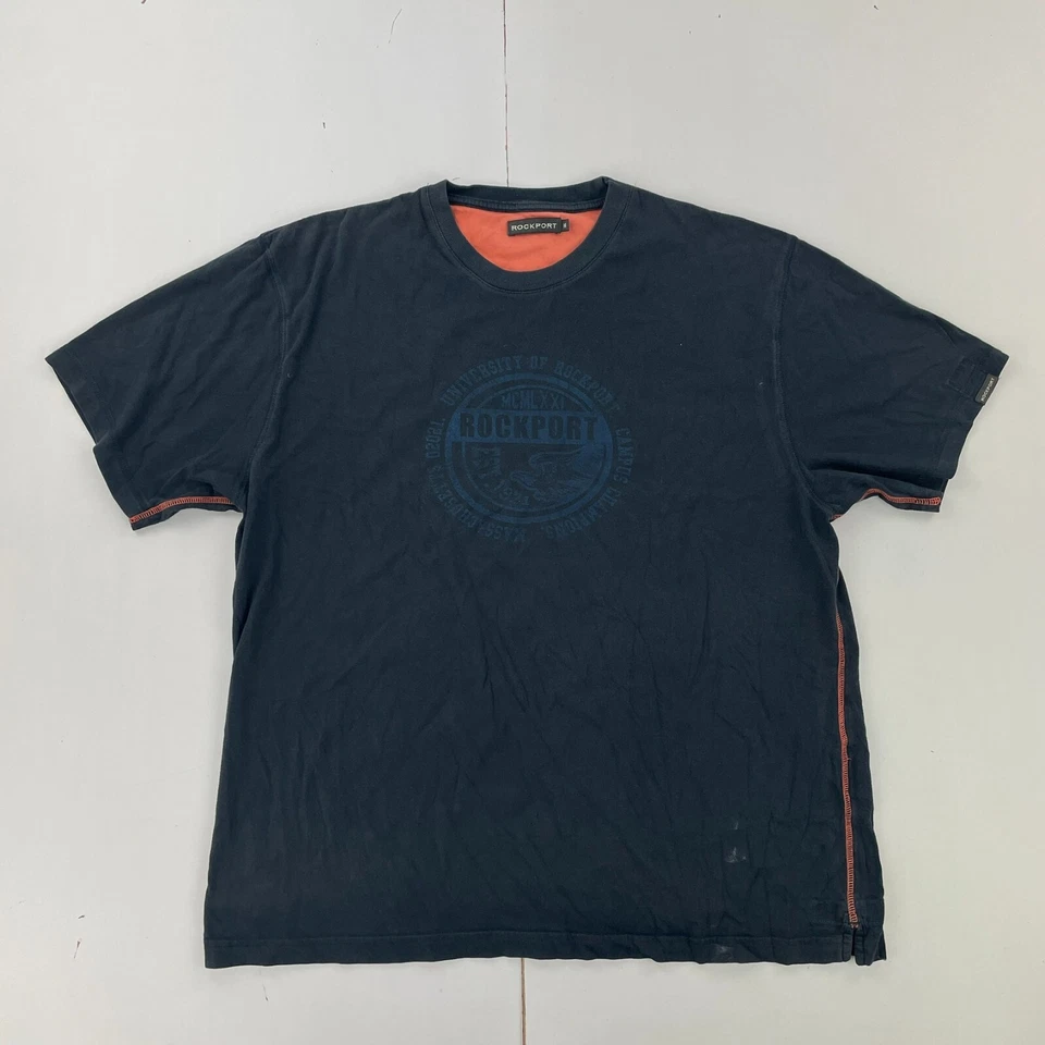 ROCKPORT T-shirt blu medio uomo manica corta 100% cotone logo grande - Immagine 1 di 4