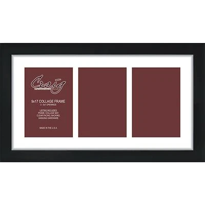 9x17 Black Collage Frame with Mat for (3) 5"x7" pictures with REAL GLASS - Image 1 of 4