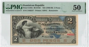 DOMINICAN REPUBLIC 2 Pesos 1880-89, P-S104r Remainder, PMG 50 About UNC, Rare - Picture 1 of 2