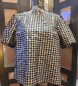 Camicetta J Crew manica a sbuffo top donna grande nero metallizzato oro lurex gingham - Foto 1 di 6