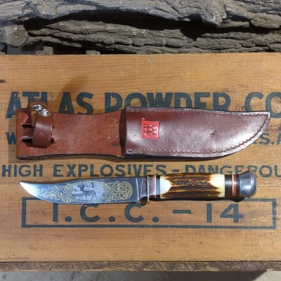 Vintage J.A. Faca Henckles HK 504 Stag Deer Scene Etch, bainha original  - Imagem 1 de 4