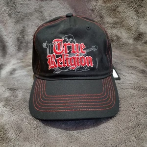 Cappello Baseball Jeans True Religion Berretto Strap Back Nero Rosso Buddha Chitarra - Foto 1 di 9