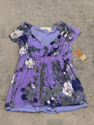 NWT DKNY Babydoll Top Women’s Small Purple Floral Cap Sleeves Y2K Boho Chic - Image 1 of 4