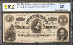1862 $100 CONFEDERATE STATES CURRENCY CIVIL WAR NOTE MONEY BETTER T-49 PCGS 25 - Picture 1 of 2
