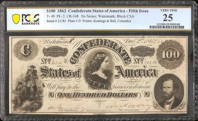 1862 $100 CONFEDERATE STATES CURRENCY CIVIL WAR NOTE MONEY BETTER T-49 PCGS 25 - Image 1 of 2