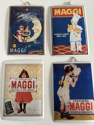 Vintage Plaque En Tôle Publicitaire 4 Cartes Postales Publicitaire Maggi - Photo 1/4