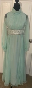 *REAL Vintage 1977 SZ 12 Dan Lee Mint Green Chiffon Sheer Sleeve Evening Gown - Picture 1 of 4