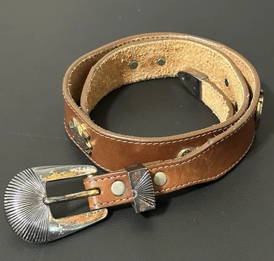 Vtg 1990 Silver Creek Western Aztec Concho Brown Leather Belt Genuine Leather - Image 1 of 4