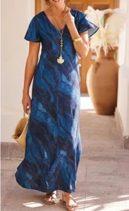 Maxi abito donna marmo blu morbido Dintorni manica svasata viscosa taglia L - Foto 1 di 7