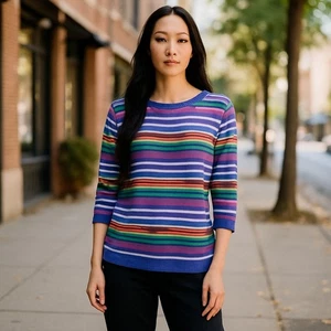 Talbots 100% Linen Rainbow Tunic Sweater Medium Striped Scoop Neck 3/4 Sleeve - Picture 1 of 9