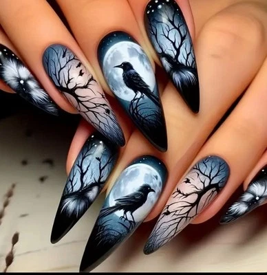 Raven 24 Pc Black & Blue Bird Night Owl Noon Nail Tips Boxed Glue & Tabs Nails - Image 1 of 4