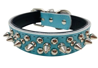 Dog Collar, Studded Spike Studs, Blue 1" wide, Faux Leather, Small Medium Large - Image 1 of 4