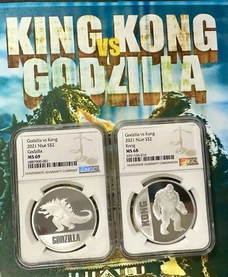 2021 GODZILLA VS KONG 1 EACH  1 OZ $2 NIUE .999 PURE SILVER NGC MS69 and MS68 - Image 1 of 4
