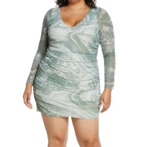 BP Women’s Dress Mini Long Sleeve Body-Con Marble Print Green White 1X NEW NWT - Picture 1 of 8