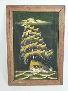Vintage Mid Century Samt Gemälde Galeone gerahmt 21" x 15" - Bild 1 von 1