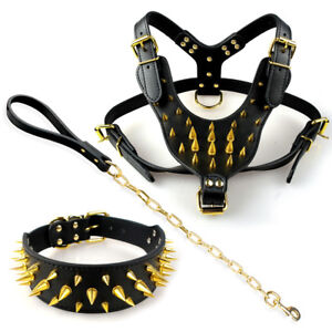 Spiked Studded Leather Pet Dog Harness Collar Leash Set For Large Dogs Pitbull
