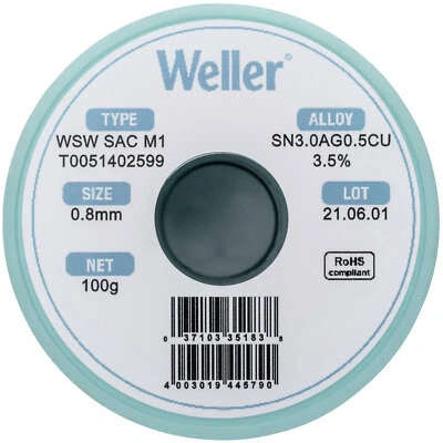 Bobine De Soudure Sans Plomb Weller T0051402599 Sn30Ag05Cu 100g 0,8mm - Imagem 1 de 2
