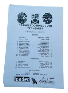 BARNET V IPSWICH TOWN - FOOTBALL COMBINATION - TEAMSHEET - UNDATED - Picture 1 of 1