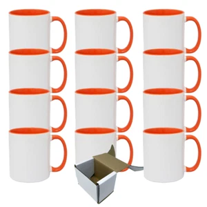 12-Pack 11oz Custom Sublimation Mugs - Orange Inner & Handle w/ Gift Boxes - Picture 1 of 2