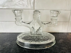 McKEE Rock Crystal Clear Double Candle Sticks Floral Embossed Depression Glass - Picture 1 of 5