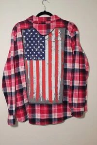 Amerikanische Flagge Flanellhemd Upcycling Custom Rückenaufnäher Damen XL - Bild 1 von 3