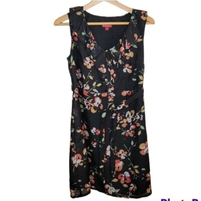 Merona | Black Orange Yellow Cream Floral Ruffle Neckline Dress, Size 6 - Image 1 of 4