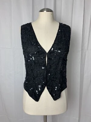 Chaleco Vintage Rachna Negro Seda Lentejuelas Cuentas Talla Pequeña Años 80 90 Foto 1 de 4